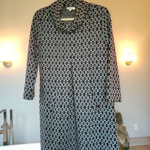 Tyler Boe Brown Knit Dress with  Aqua chain link pattern, front pockets, 36" l.